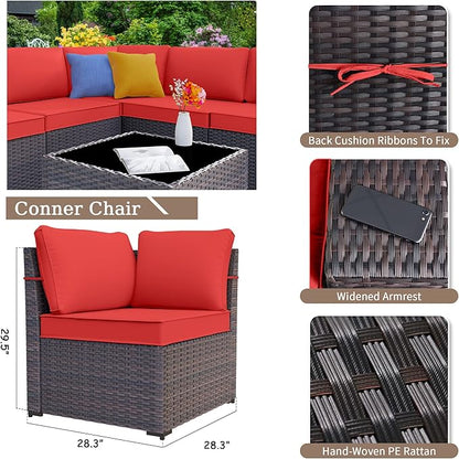 Patio Furniture Sectional Sofa Set 13-Pieces PE Rattan Patio Conversation Set w/43in Gas Fire Pit Table, Outdoor Furniture with 55000 BTU Propane Fire Pit, Red
