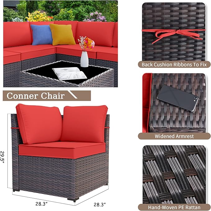 Patio Furniture Set Sofa 6-Piece Wicker PE Rattan Sectional Sofa Set, Outdoor Furniture Patio Conversation Set with Glass Coffee Table and Cushions, Red