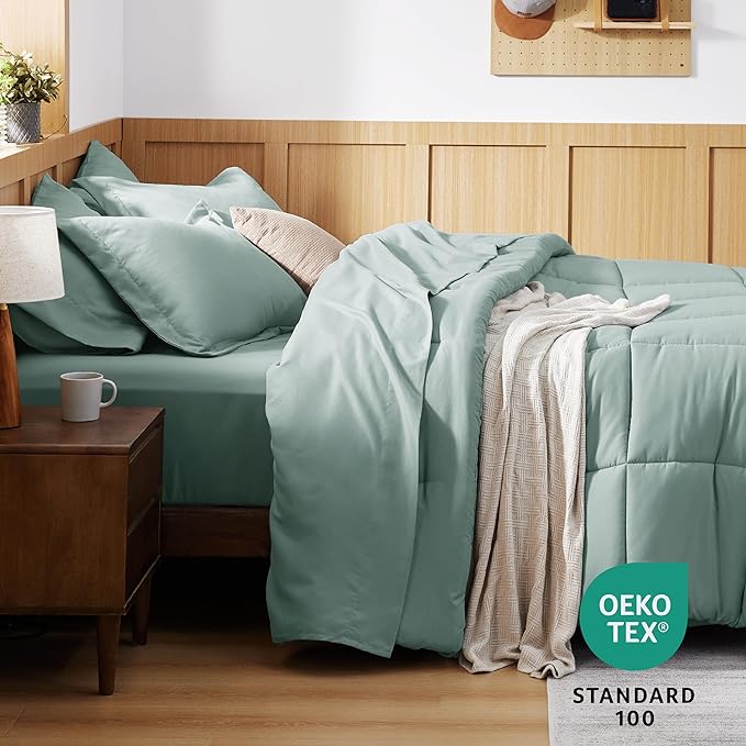 Bedsure Sage Green King Size Comforter Set - 7 Pieces Solid King Bed in a Bag, King Bed Set Sage Green with Quilted Warm Fluffy Comforters, Sheets, Pillowcases & Shams