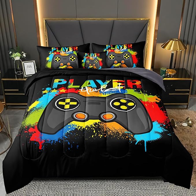6 Pieces Gamer Comforter Set for Boys Gaming Bedding Set Queen Size,Video Game Controller Comforter for Kids Adult 3D Gamepad Microfiber Bedding Sets 6 Pieces Bed in A Bag Sets30019,Queen