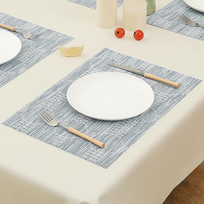 Leetaltree Alice Blue Placemats Set of 6 - Heat Resistant Non-Slip Place mats for Dining Table, Washable Durable PVC Vinyl Woven Table Mats（Jacquard Blue, 6）