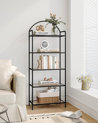 Bookcase Bookshelf, Tempered Glass Bookshelves, Slim Shelving Unit for Bedroom, Bathroom, Home Office, Steel Frame, 5 Tier Black BC21599B
