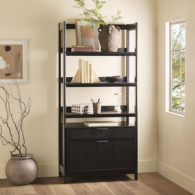 Walker Edison Modern Reeded 4-Shelf Bookshelf Bottom, 33 Inch, Two-Drawer Black