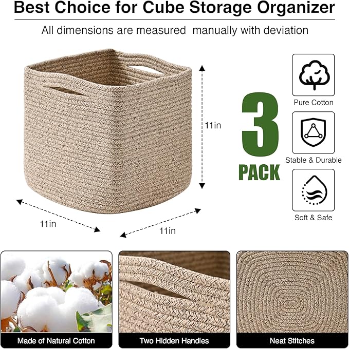 11 Inch Cube Storage Bins, Storage Cube Organizer Bins, Woven Cotton Rope Baskets for Storage, Storage Basket for Organizing Shelves, Square Baskets for Toys Nursery, Brown (Pack of 3)