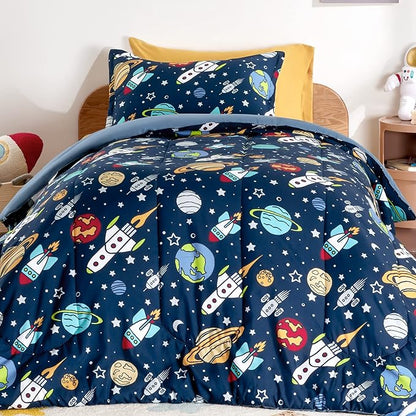 SLEEP ZONE Kids Bedding Comforter Set Full/Queen Size - Super Soft & Cute Printed 3-Piece Comforter Set All Seasons for Boys, Girls, Fade Resistant, Machine Washable, Rocket Galaxy