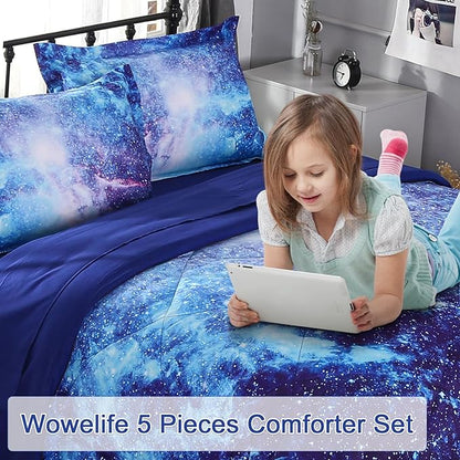 Wowelife Galaxy Bedding Sets for Girls and Boys 5-Piece Queen Size, Premium 3D Outer Space Galaxy Comforter Set Blue, Comfortable and Soft for Kids and Adults(Queen-5 Piece, Blue Galaxy)