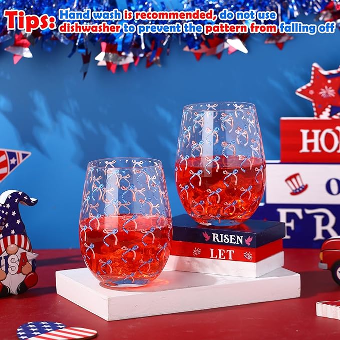 Sliner 2 Pack Patriotic Stemless Wine Glasses 17oz Red Blue Bow Drinking Glasses Independence Day Tumbler Cups for 4th of July Party Supplies Memorial Day Gift Decorations
