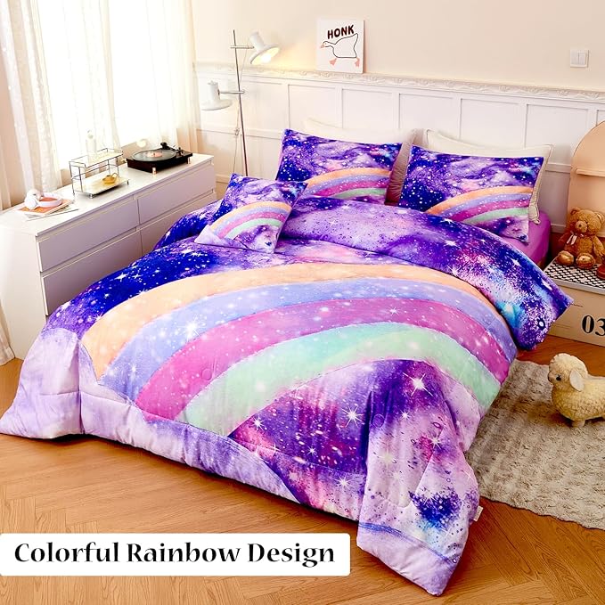 6 Pcs Rainbow Queen Bed in A Bag for Girls/Kids/Teens Purple Tie Dye Comforter Set Galaxy Girls Bedding Comforter Set Soft Gradient Glitter Bed Sets for All Season