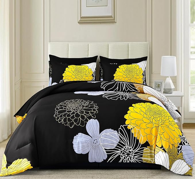 7 Pieces King Yellow Black Comforter Set Bed in a Bag Floral Bedding Set Soft Microfiber Comforter (1 Comforter 1 Flat Sheet 1 Fitted Sheet 2 Pillowshams 2 Pillowcases)