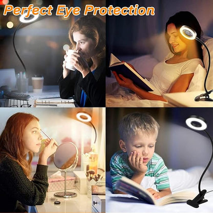 Lypumso Desk Lamp with Adapter, LED Reading Lamp Clip on Light, 3 Color Modes 10 Dimmable Brightness, Perfect Clamp Lamp for Home Office Studying Working Makeup Craft