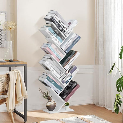 10 Tier Tree Book Shelf, Floor Standing Wood Bookshelf for Narrow Space, Storage Organizer Bookshelves for Books/CDs/Magazine, Bookcase with Shelves for Home Office, Living Room - White