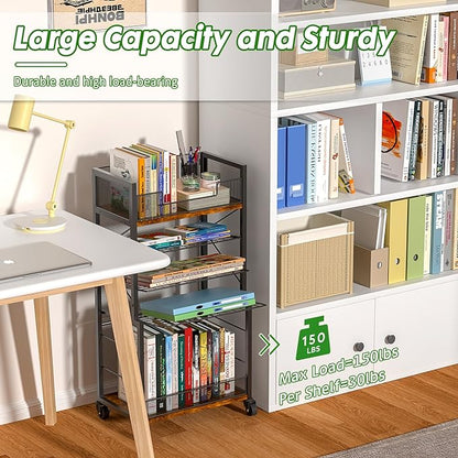 Heyexiha 5 Tier Book Shelf with Sliding Trays, Metal & Wooden Bookcase, Durable Rolling Book Cart, Book Shelf with Wheels, Small Book Shelf Storage Bookcase for Living Room, Bedroom, and Home Office