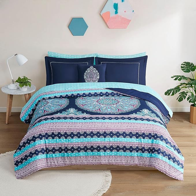 Degrees of Comfort Queen Bed Set, Boho Mandala Comforter Sets with Sheets,Blue Microfibe Bed in A Bag with Side Pockets, Matching Decorative Pillow, 8 Piece Navy