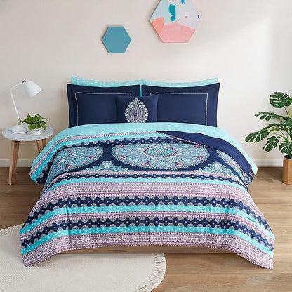 Degrees of Comfort Queen Bed Set, Boho Mandala Comforter Sets with Sheets,Blue Microfibe Bed in A Bag with Side Pockets, Matching Decorative Pillow, 8 Piece Navy