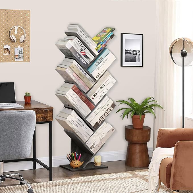 10 Tier Tree Book Shelf, Floor Standing Wood Bookshelf for Narrow Space, Storage Organizer Bookshelves for Books/CDs/Magazine, Bookcase with Shelves for Home Office, Living Room - Light Grey