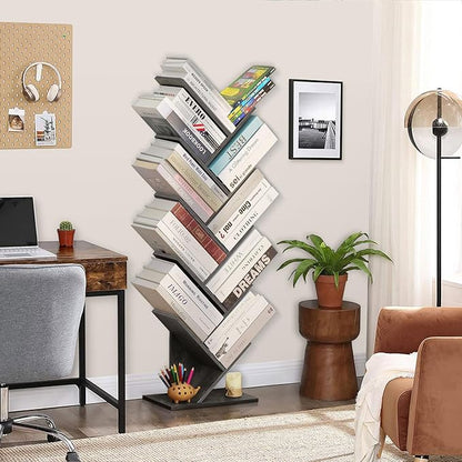 10 Tier Tree Book Shelf, Floor Standing Wood Bookshelf for Narrow Space, Storage Organizer Bookshelves for Books/CDs/Magazine, Bookcase with Shelves for Home Office, Living Room - Light Grey