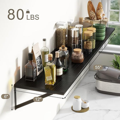 Fun Memories Deep Floating Shelves, 55W x 12D Floating Shelves for Wall, Wood Black Floating Shelf with Bracket, Wide Display & Storage Wall Shelves for Living Room, Bedroom,