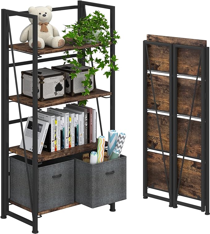 4NM No-Assembly Folding Bookshelf Storage Shelves 4 Tiers Vintage Bookcase Standing Racks Study Organizer Home Office (Rustic Brown and Black)