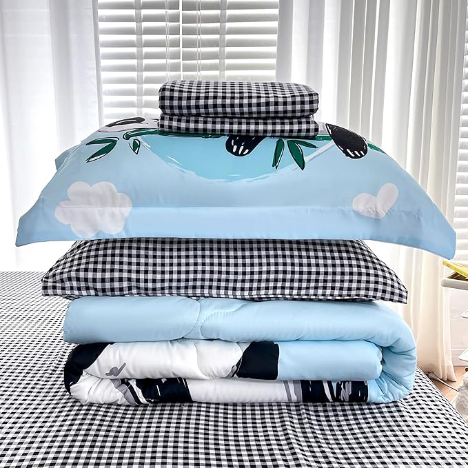 Wajade Kids Panda Comforter Set Bed in A Bag Full Size 7 Piece Blue 3D Cute Panda Bamboo Clouds Bedding Set for Girls Boys (1 Comforter, 1 Flat Sheet, 1 Fitted Sheet, 2 Pillowcase and 2 Pillow Sham)