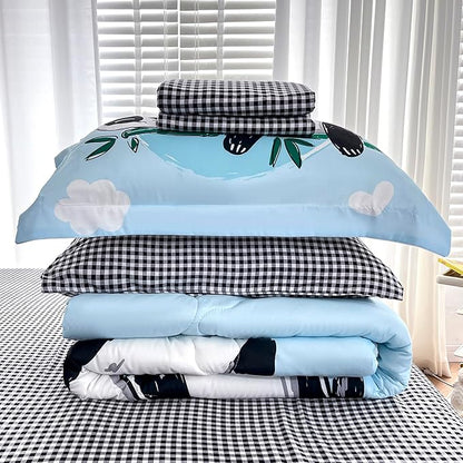 Wajade Kids Panda Comforter Set Bed in A Bag Full Size 7 Piece Blue 3D Cute Panda Bamboo Clouds Bedding Set for Girls Boys (1 Comforter, 1 Flat Sheet, 1 Fitted Sheet, 2 Pillowcase and 2 Pillow Sham)