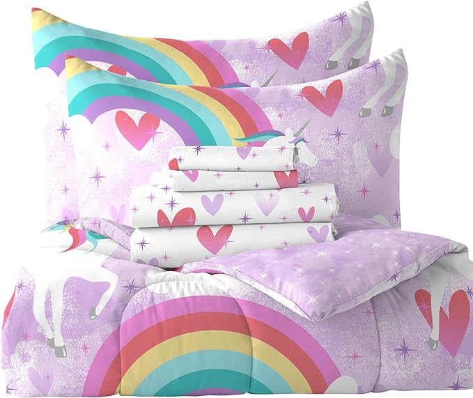 dream FACTORY Kids 7-Piece Complete Set Easy-Wash Super Soft Microfiber Comforter Bedding, Full, Purple Unicorn Rainbow