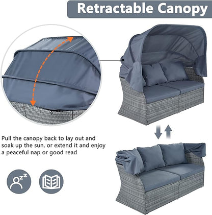 Rectangle Furniture Daybed Sunbed with Retractable Canopy, Outdoor Wicker Conversation Set with Cushions for Patio, Backyard, Porch, Garden, Hc-Gray
