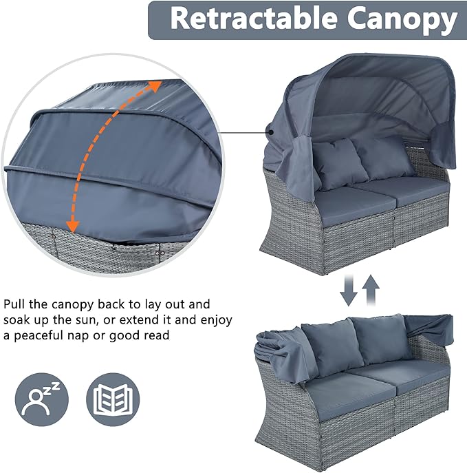Rectangle Furniture Daybed Sunbed with Retractable Canopy, Outdoor Wicker Conversation Set with Cushions for Patio, Backyard, Porch, Garden, Onesize, Hb-Gray