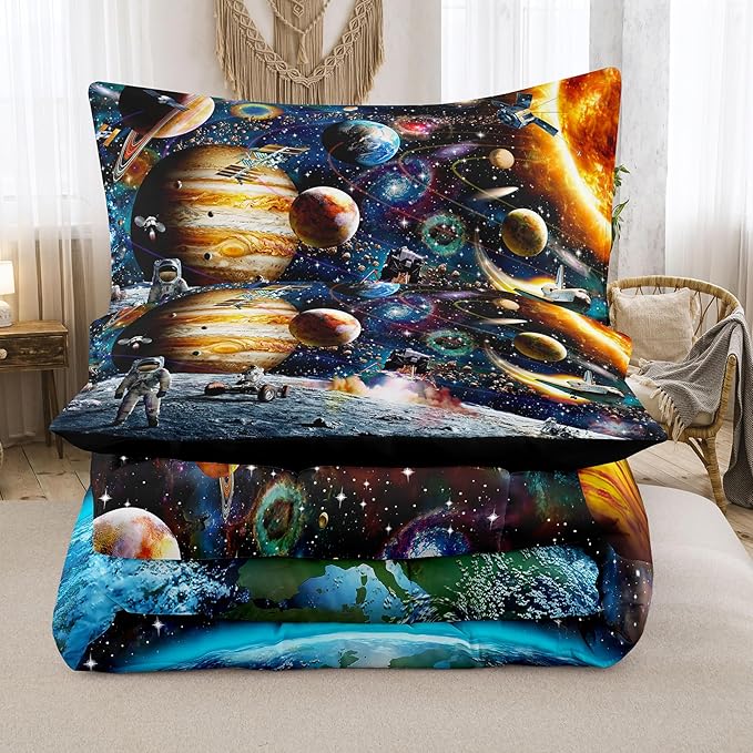 Tailor Shop 5 Pcs Outer Space Comforter Sets Queen Bed in A Bag for Teen Boys Kids,Galaxy Bedding Set with Space Sheets Fitted Bed Sheet (1 Comforter, 1 Flat Sheet, 1 Fitted Sheet, 2 Pillowcases)