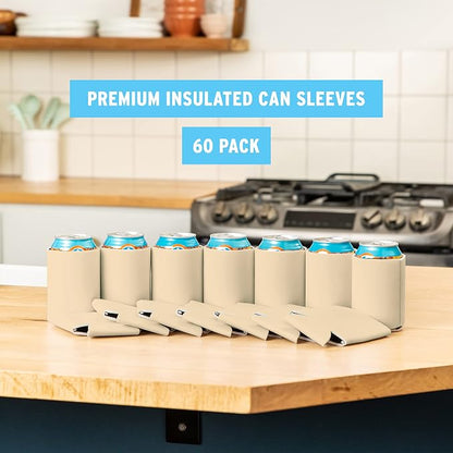 Blank Beer Can Cooler Sleeves (60-Pack) Soft Insulated Beer Can Coolies - HTV Friendly Blank Koolies in Bulk for Beer Cans & Bottles - Coolie Blanks for Vinyl Projects & Wedding Favors (Sand)
