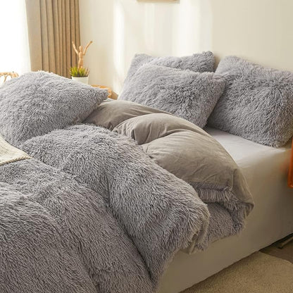 FOPPA Gray Fuzzy Plush Comforter Cover Set Queen - Ultra Soft Plush Gray Bedding Sets 3 Pieces (1 Faux Fur Duvet Cover + 2 Shaggy Pillow case) Fluffy Bed Set (Gray, Queen)