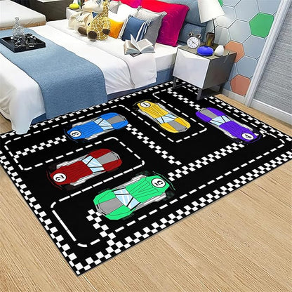 Car Rug Race Car Rug Car Track Rugs for Boys Race Track Carpet Race Car Track Rug Car Rug for Boys Room Car Rug Play Mat Car Carpet for Kids Rugs for Boys Bedroom,Black 2'5''×4'