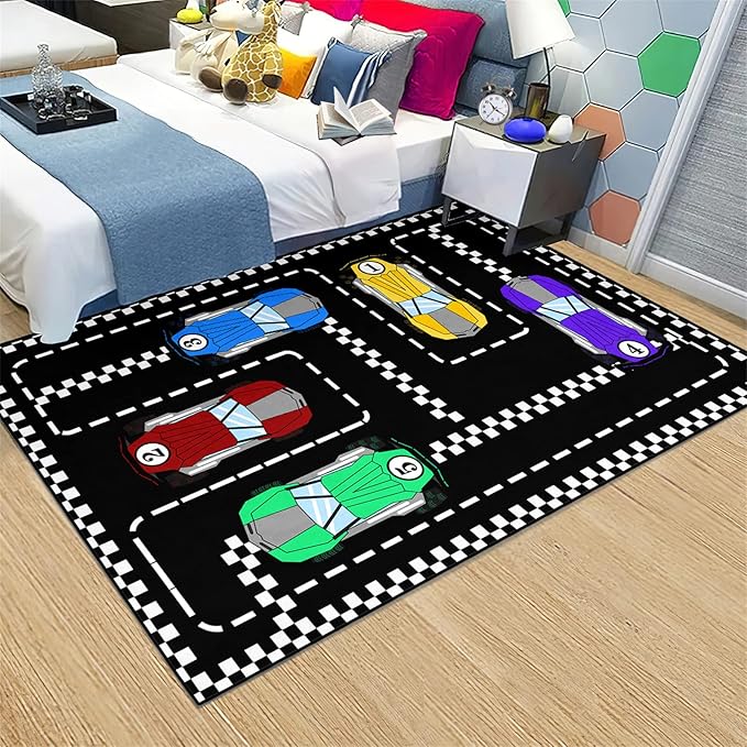 Car Rug Race Car Rug Car Track Rugs for Boys Race Track Carpet Race Car Track Rug Car Rug for Boys Room Car Rug Play Mat Car Carpet for Kids Rugs for Boys Bedroom,Black 5'×7'