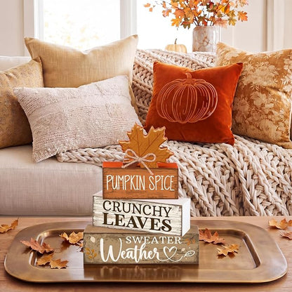 Moucuny 4 Pcs Fall Decor Wooden Maple Leaf Decoration Thanksgiving Tiered Tray Decor Rustic Wooden Maple Leaf Block Sign Thanksgiving Table Centerpiece Farmhouse for Autumn Harvest Party Kitchen Home