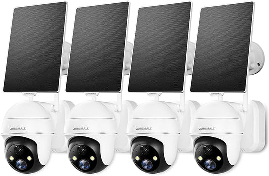 ZUMIMALL Solar Security Cameras Wireless Outdoor - 4 Packs, 360° View Outdoor Camera Wireless Solar Powered,2.4G WiFi Only, Spotlight/Siren//3MP Color Night Vision/AI Detection/IP66, Work with Alexa