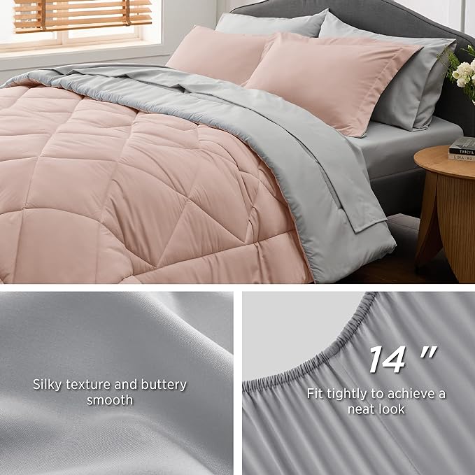 Bedsure Blush Pink Full Size Comforter Set - 7 Pieces Reversible Full Bed in a Bag, Full Bed Set with Comforters, Sheets, Pillowcases & Shams, Peach Pink Full Bedding Sets