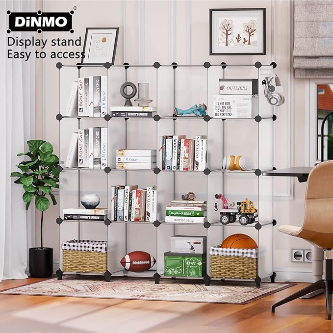16 Cubes Storage Organizer, Bookcase, Display Shelf with Wooden Mallet, Cabinet Storage for Kids, Adult, Office, Bedroom, Bathroom, White