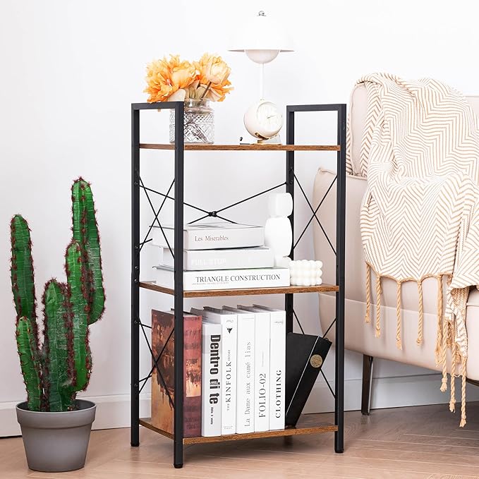 HCHQHS Small Bookshelf, Adjustable 3-Tier Industrial Bookcase, Rustic Open Book Shelf, Wood and Metal Horizontal Bookshelves