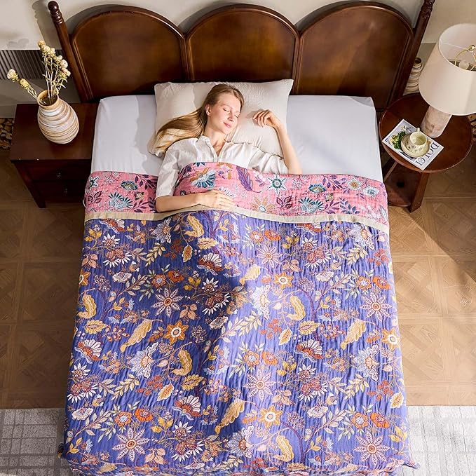 Boho Blanket, 100% Cotton Farmhouse Decorative Throw Blanket, 90"x98" Reversible Bohemian Throw Blanket, Purple All Season Muslin Breathable Woven Blankets Quilt