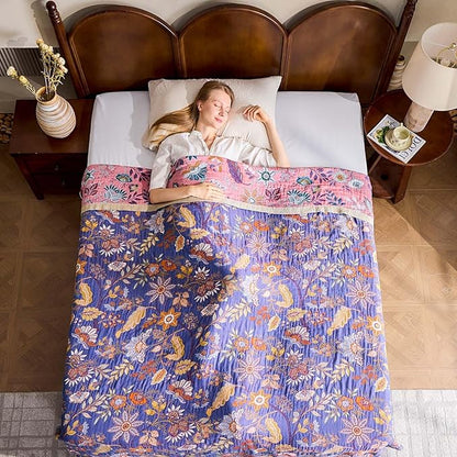 Boho Blanket, 100% Cotton Farmhouse Decorative Throw Blanket, 90"x98" Reversible Bohemian Throw Blanket, Purple All Season Muslin Breathable Woven Blankets Quilt
