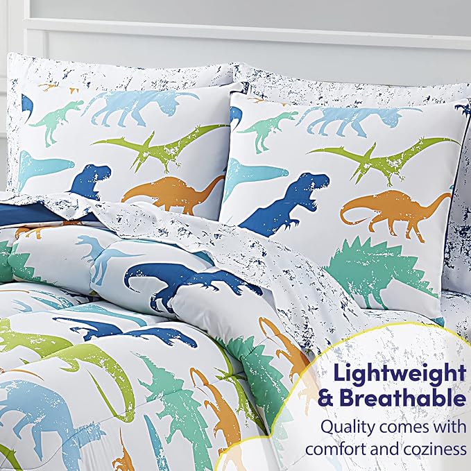 Kids Bedding Set Bed in a Bag for Boys and Girls Toddlers Printed Sheet Set and Comforter, Full, Dinosaur (Pack of 4)