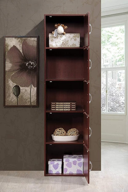 HODEDAH 5 Door Bookcase Cabinet, Mahogany