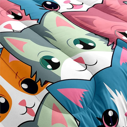 Cat Twin Comforter Set for Girls - Neon Cat Bedding Set for Girls Bedroom Cartoon Cats Twin Bedding Set for Room Ultra Soft Black Neon Cat Quilt and 1 Pillowcase Kids Girls Room Decor, Twin Size
