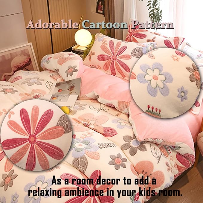 MorroMorn Twin Bedding Sets, Pink Floral Duvet Cover Set, Fluffy Comforter Covers, Colorful Flowers Blanket Ultra Soft Kawaii Cute for Girls Toddler Kids Teen Women Twin/Twin XL Size