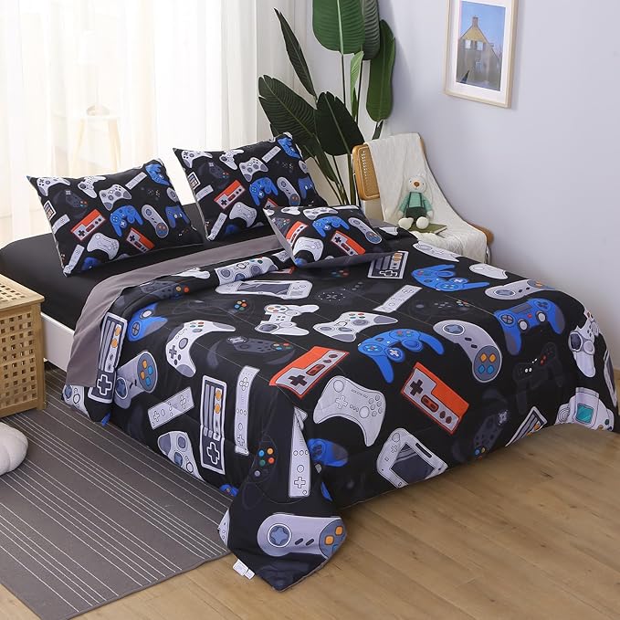 6Pcs Game Console Comforter Set with Sheets for Boys Girls Kids Teens, Gamepad Collection Themed Bed in A Bag Full Size, 3D Video Gamer Controller Bedroom Decor Bedding Set