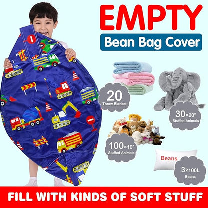 Lukeight Stuffed Animal Storage Bean Bag Chair Cover for Kids, Zipper Beanbag Chair Cover for Organizing Toddler & Kids' Rooms Plush Toys (Excavator Velvet, XX-Large)