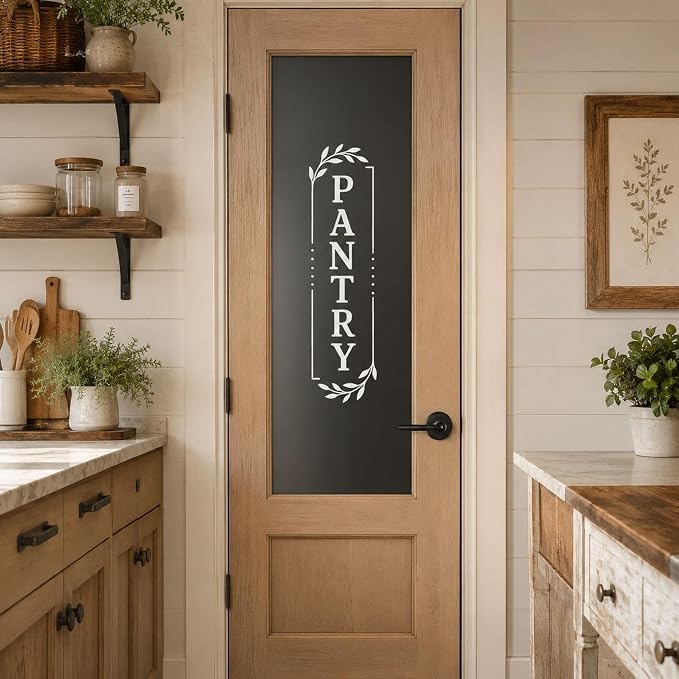 Pantry Door Farmhouse Vinyl Decal: White 5 x 18 Inches | Vertical White Pantry Lettering For Glass Doors With Waterproof Removable No Residue Vinyl