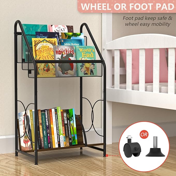 Bookshelf, 4-Tier Metal & Wood Rolling Book Cart on Wheels, Record Cabinet for Book Magazine Turntable, Record Holder Up to 100 Albums, Multifunction Utility Cart, Black