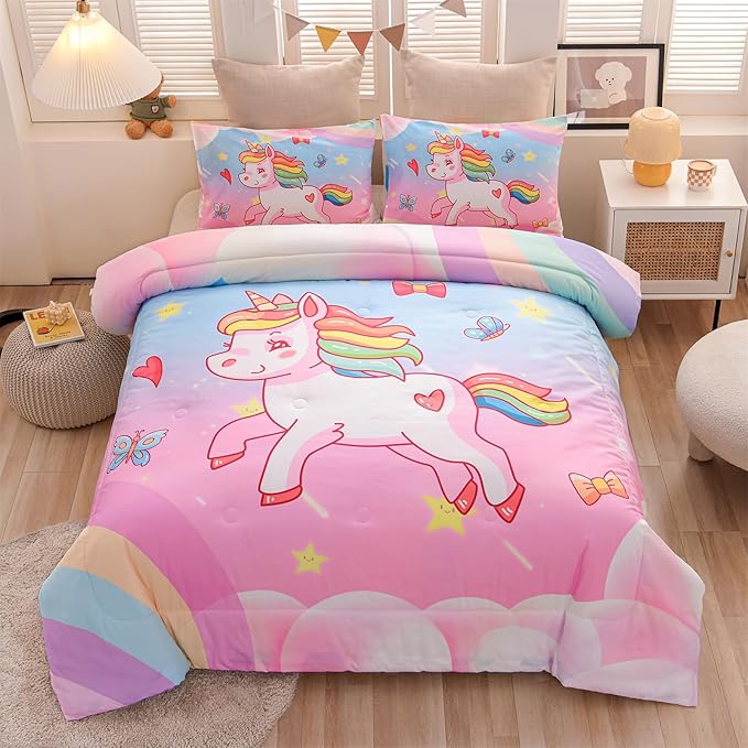 Aimuan Girls Unicorn Comforter Set 3 Pieces Pink Purple Bedding Set with Rainbow Star Galaxy Stars Fantasy Children Room Decor Soft Reversible Bed Sets for Boys/Girls/Teens (Pink Blue Full3Pcs)