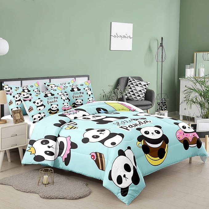 Bodhi Cartoon Cute Panda Comforter Set King for Boys Kids Girls Teens Soft Microfiber Animal Theme Panda Bedding Set King Size 3D Panda Comforter Set 1 Comforter+2 Pillow Shams #4007