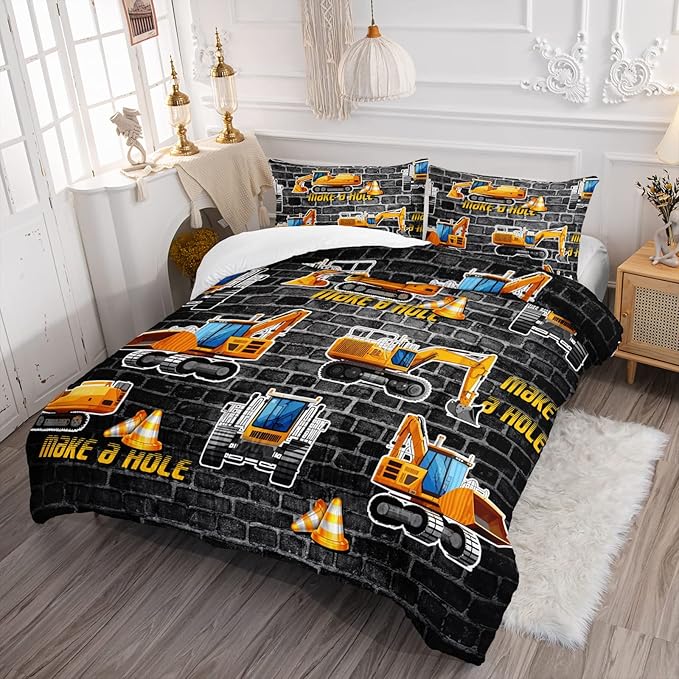 Axolotl Excavator Bedding Set Full Size,Yellow Excavator Bed Comforter for Kids Boys Teens,Tractor Truck Bedding Set for Boys,Construction Bedding Set for Boys,1 Quilt 2 Pillowcases,Deep Grey